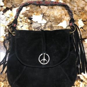 Black suede Lucky Brand pocketbook. Lg size, has a very cute braided handle